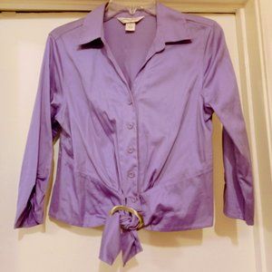 Lavender, collared blouse with metal waist tie and ruched sleeves